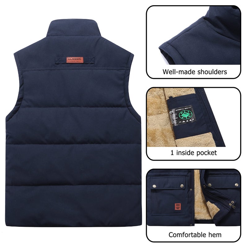Vcansion Men's Outdoor Casual Stand Collar Thicken Qulited Fleece Jacket Vest Padded Lightweight Down Cotton Vest Coat Blue US L - Image 3